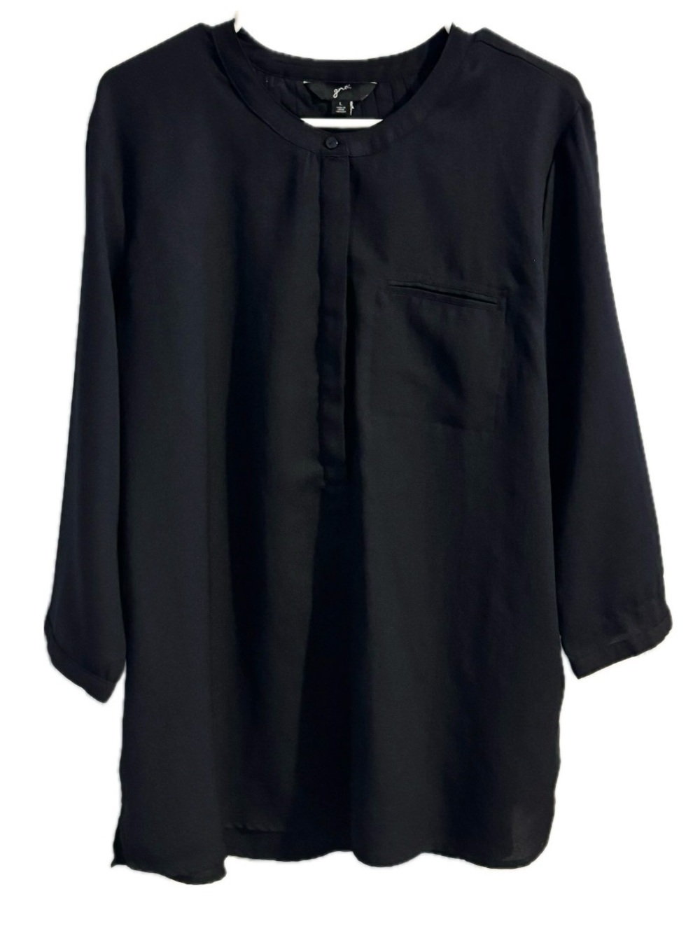 GNW Black Mandarin Collar 3/4 Sleeve Blouse Top Size Large